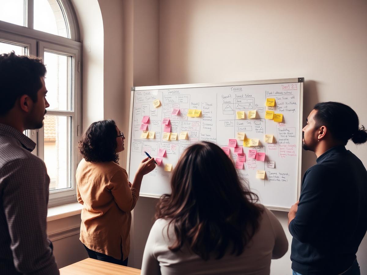 Colleagues discussing a whiteboard filled with system diagrams and coloured notes