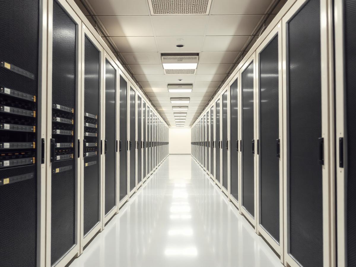 Rows of server cabinets forming a symmetrical corridor in a clean data hall