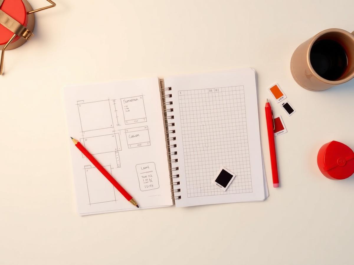 Design desk seen from above with grid notebook, hand-drawn wireframes, pencil and colour swatches