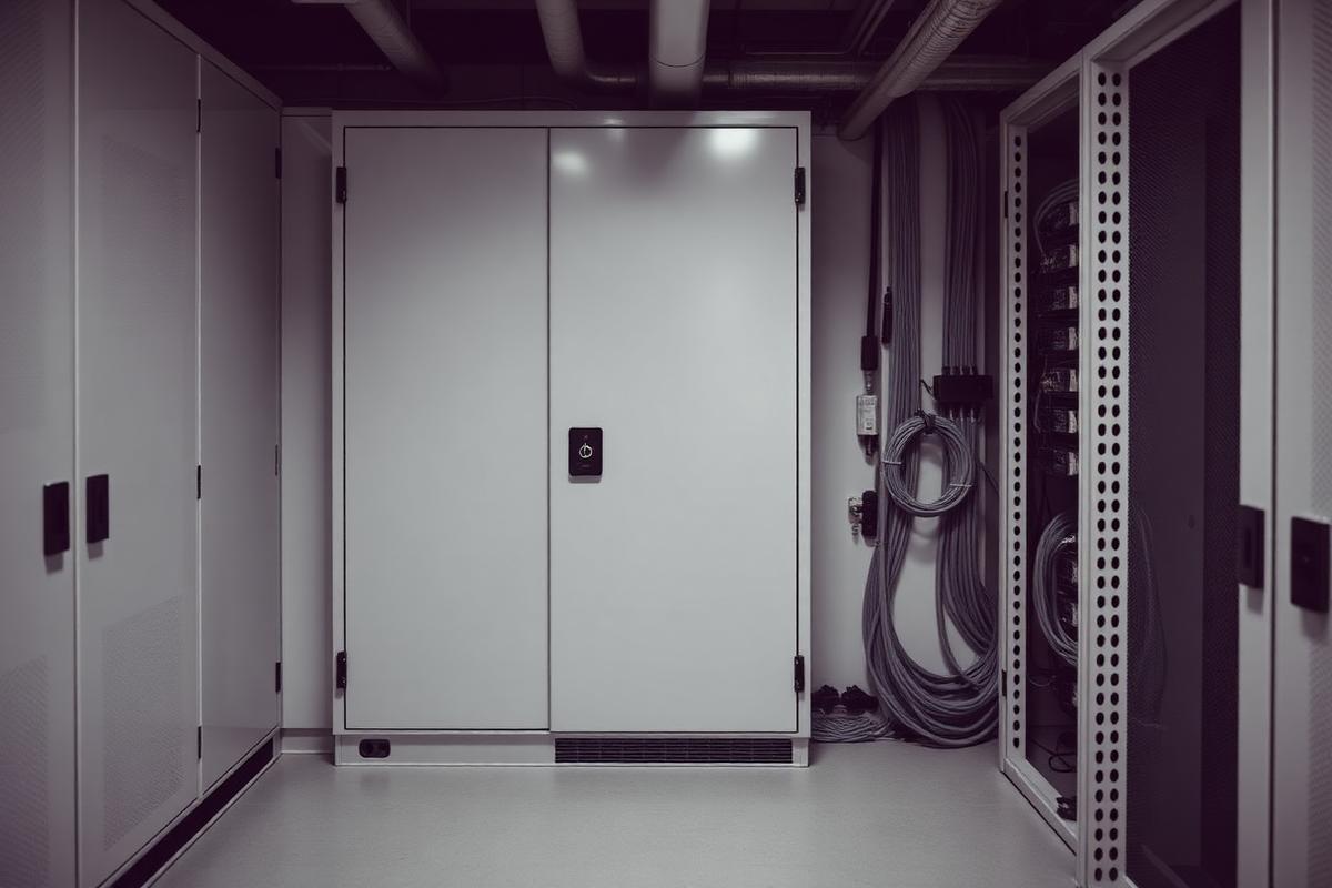 Closed steel technical cabinet with organised network cabling in a controlled equipment room